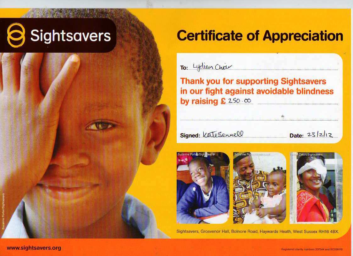 Sightsavers Certificate of Appreciation