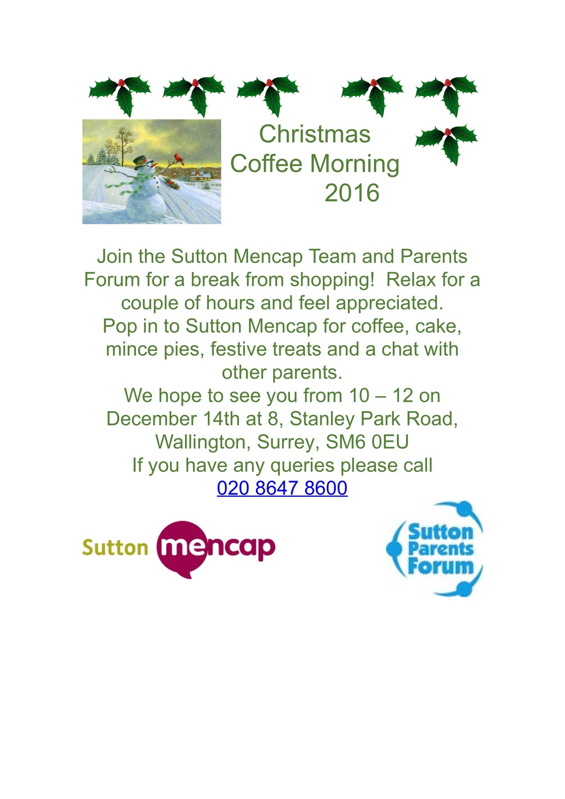 Sutton Mencap and Sutton Parents Forum Christmas coffee morning Poster