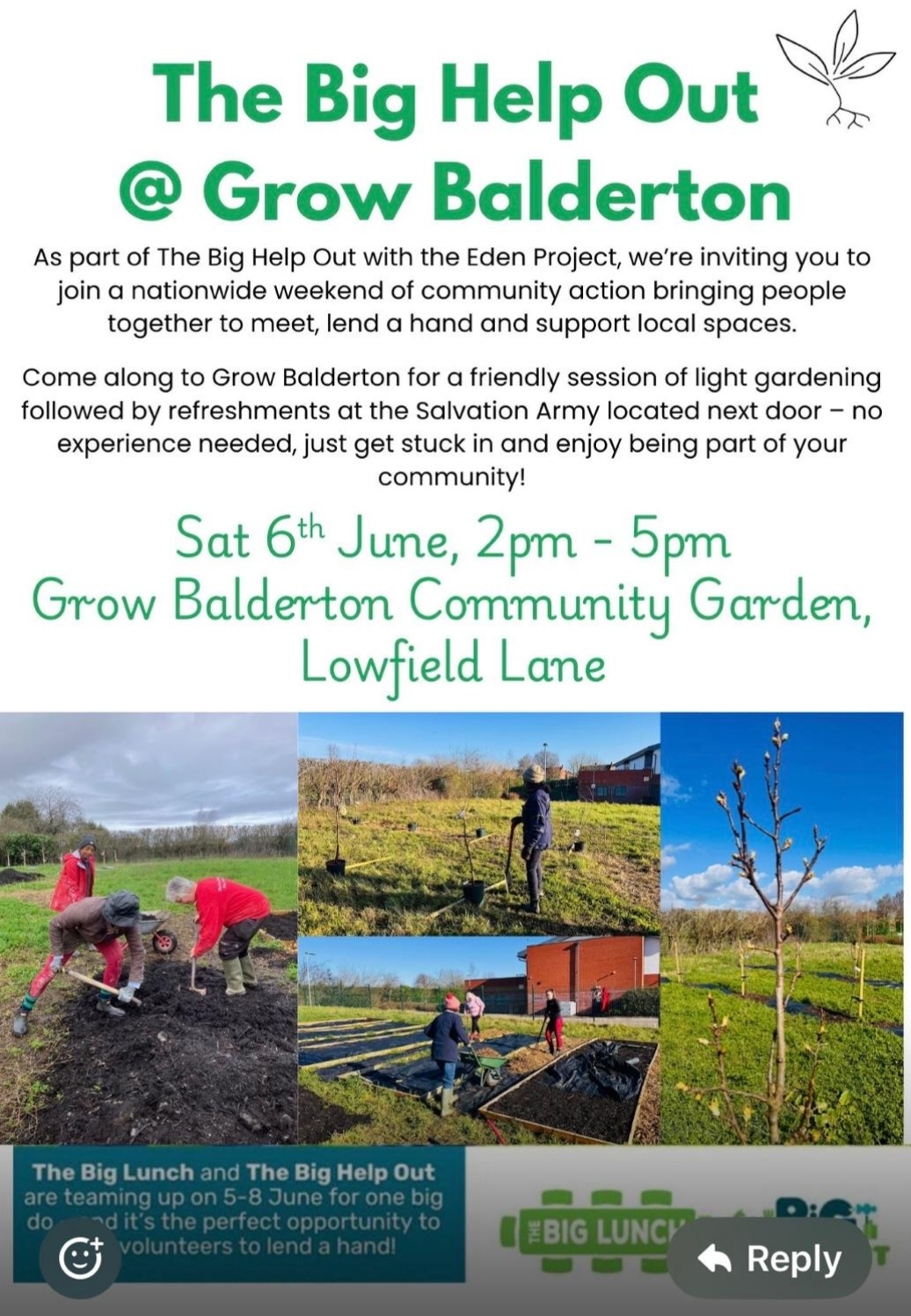 Big Help Out @ Grow Balderton Event 6th June 2026 poster showing images of the community garden and event info