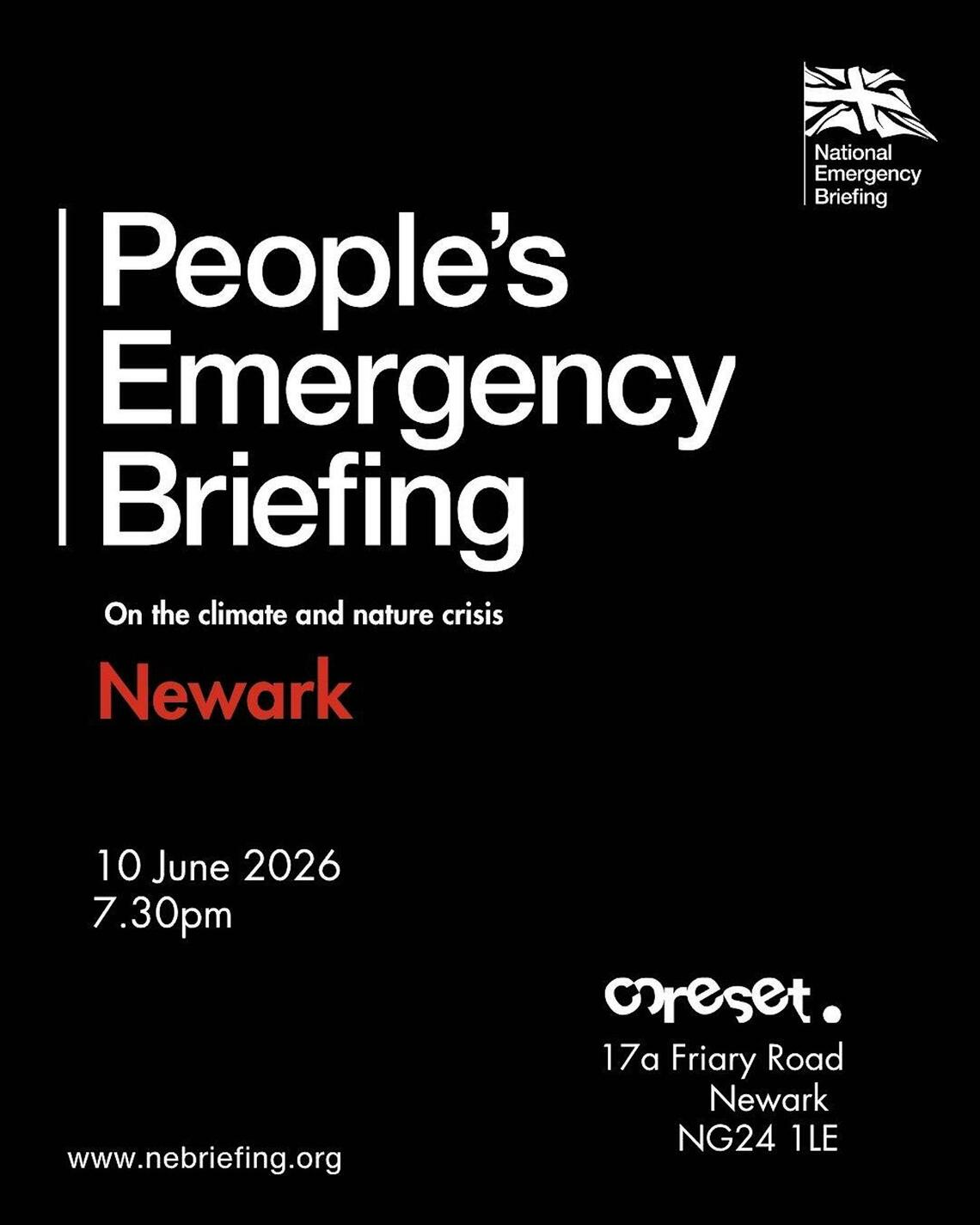Poster advertising a showing of the People's Emergency Briefing film at coreset Newark-on-trent