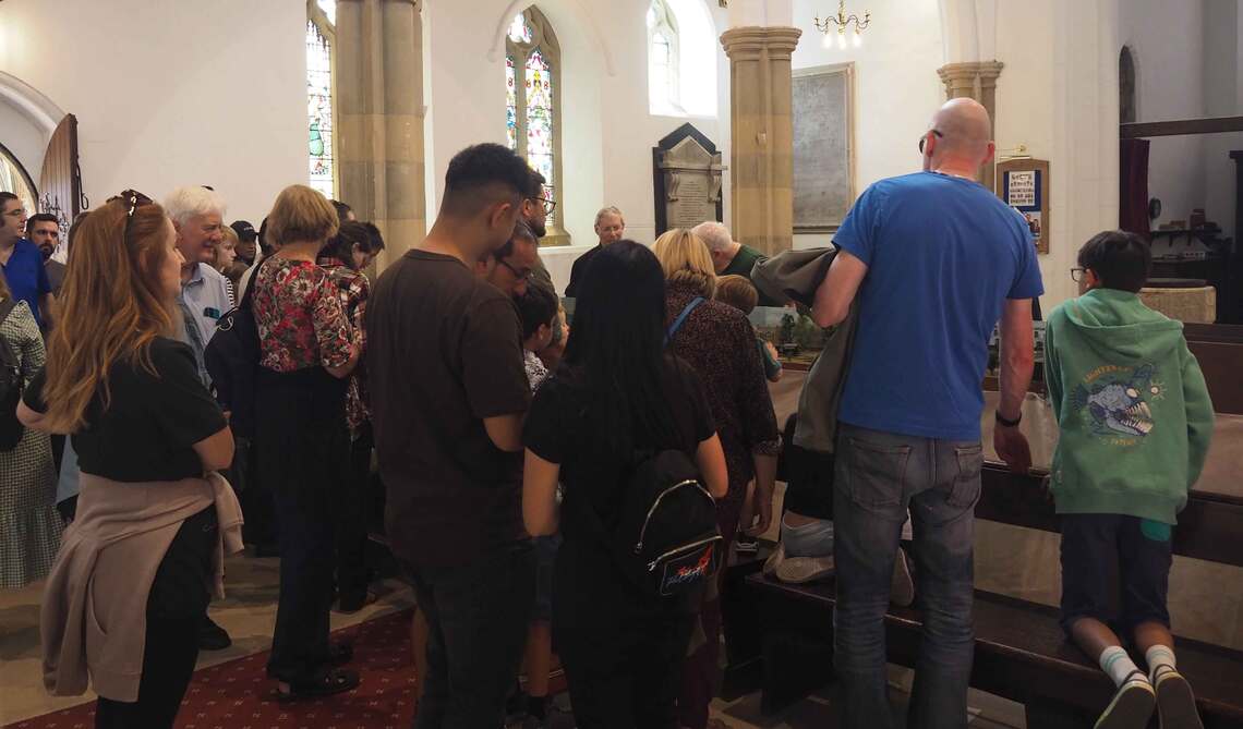 Crowds of people around Quarry Halt in St. Mary's Church Amersham