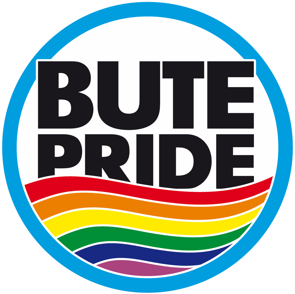 rainbow waves and the words Bute Pride enclosed in a pale blue circle