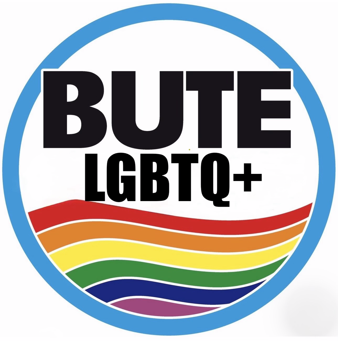 rainbow waves and the words Bute LGBTQ+ enclosed in a pale blue circle
