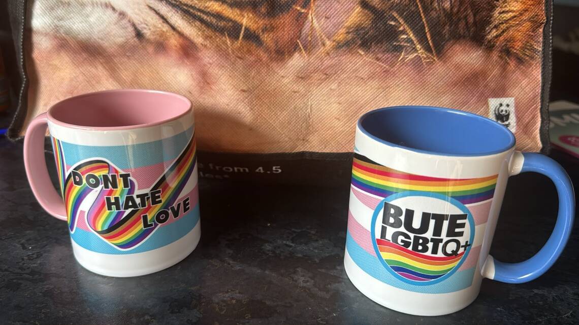2 mugs , one pink, one blue with the words Don't Hate Love and ButeLGBTQ logo