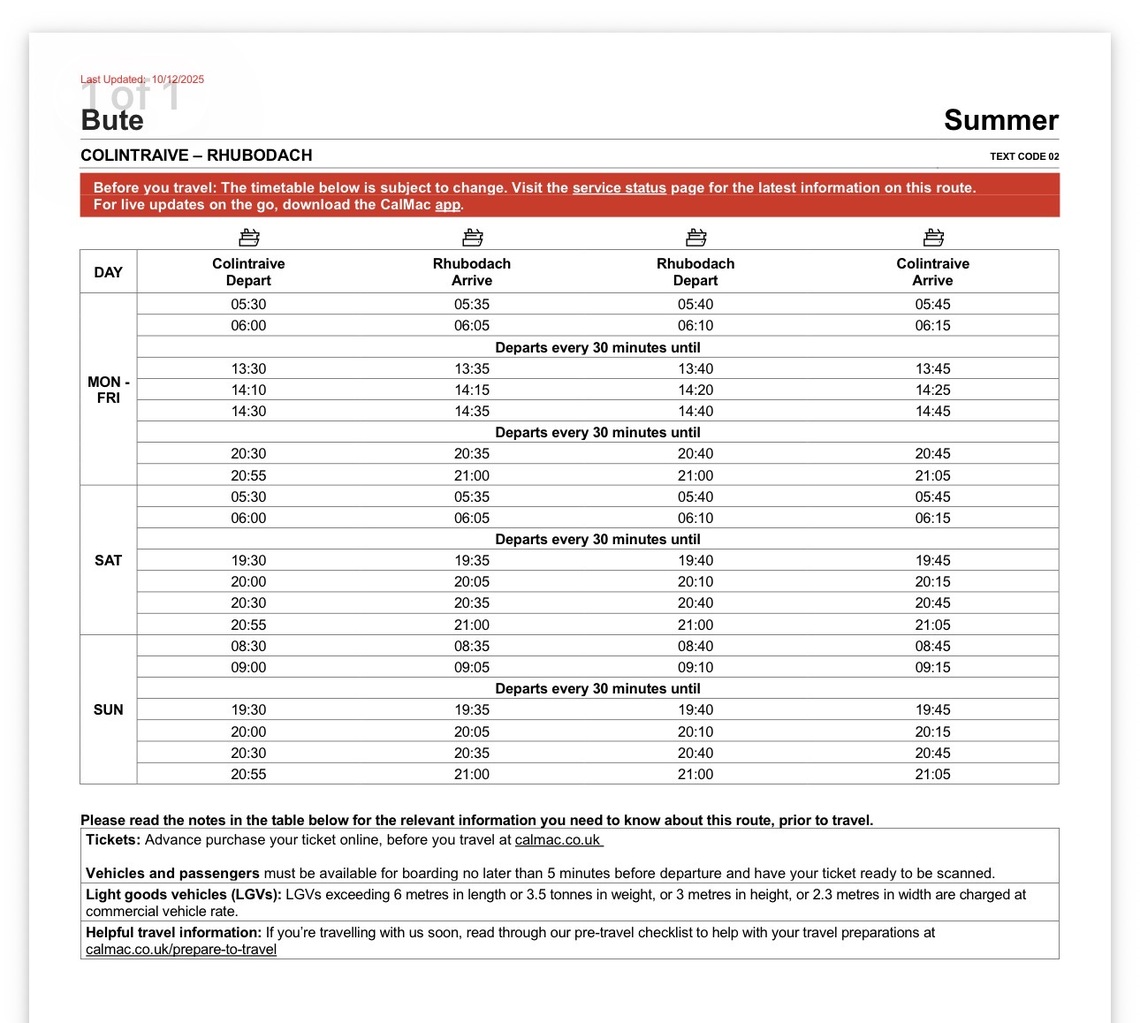 Timetable for Colintraive to Rhubodach Summer 2026