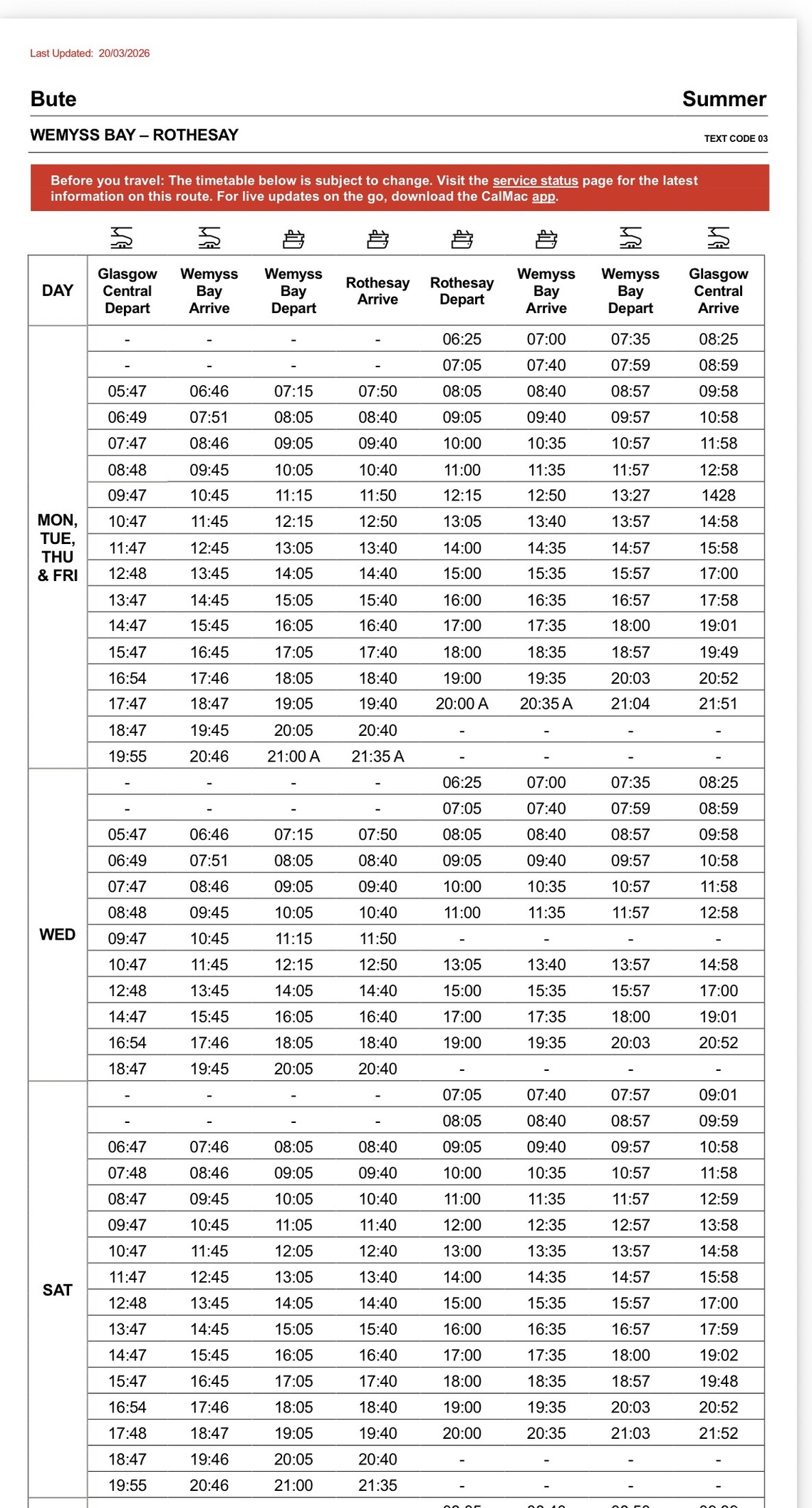 ferry timetable Wemyss Bay to Rothesay Summer 2026