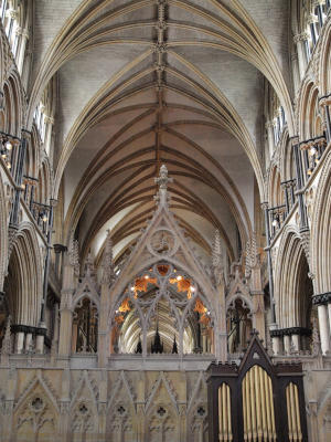 Looking up into the vaulted ceiling of a cathedral