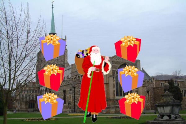 Father Christmas superimposed on a photograph of a large Gothic church