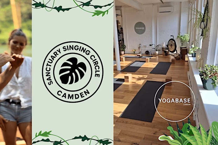 Yoga stufio, woman singing, sanctuary logo roundel