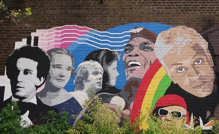 A painted mural showing people from Croydon's music heritage