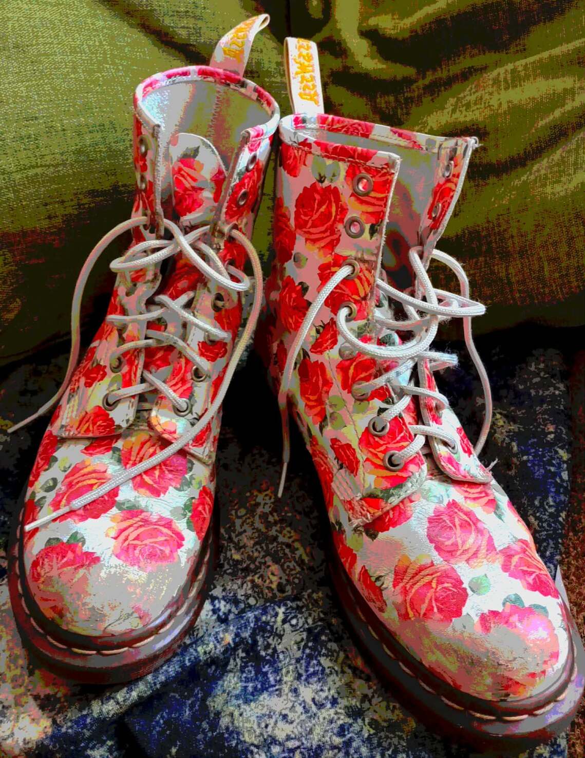 green velvet background, Orange roses on white DM shoes