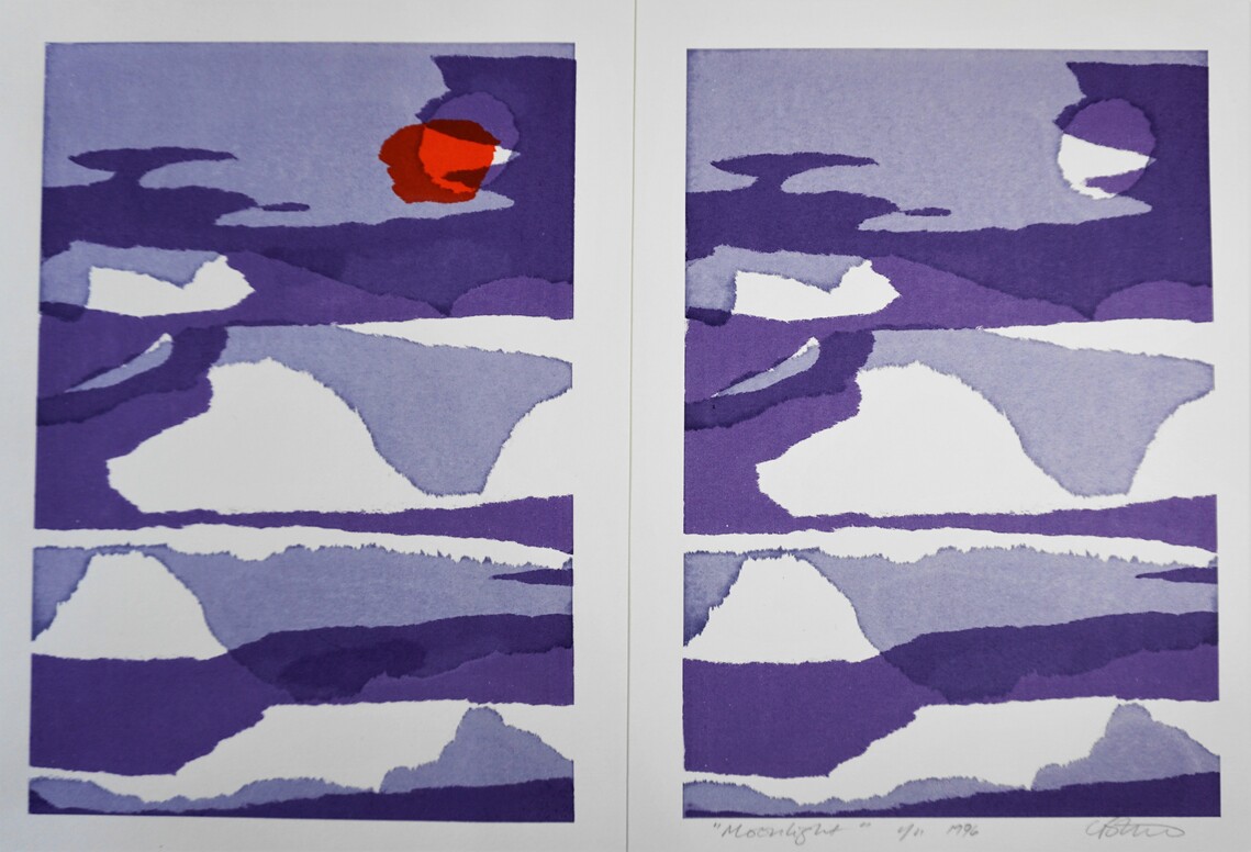 a white and mauve screen print diptych showing landscape with red moon and landscape with white moon