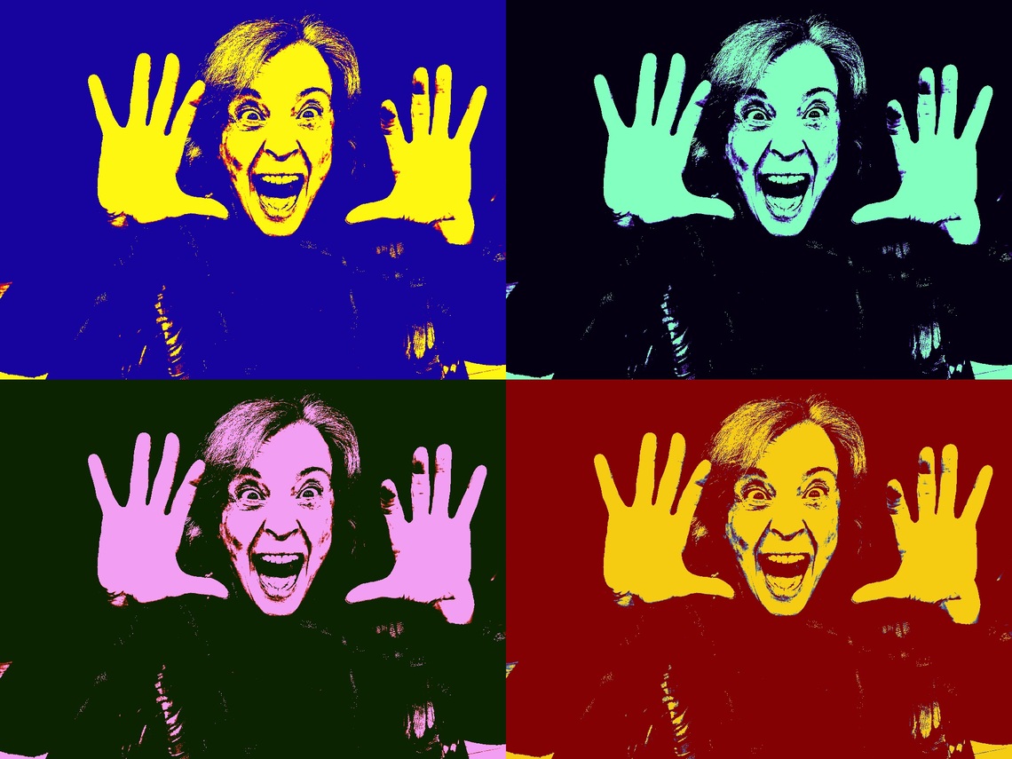 4 repeated faces with hands at face side, in a shouting pose