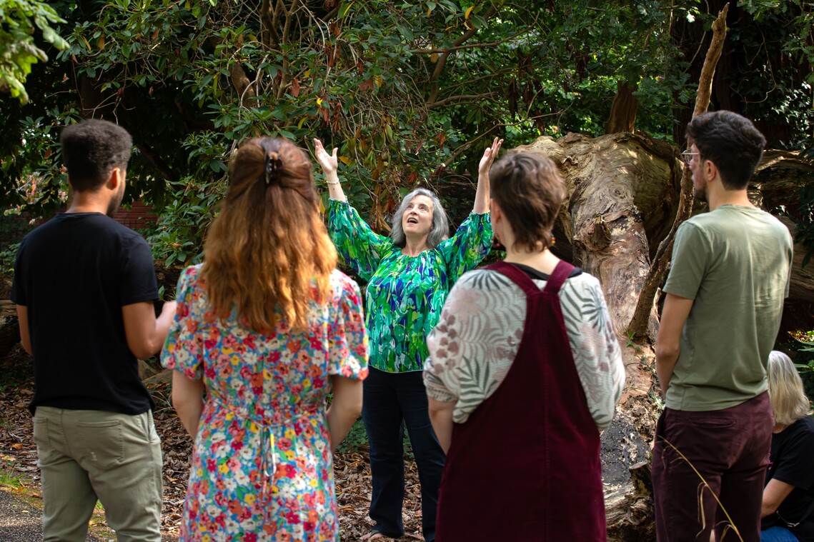 a group sings together under the trees