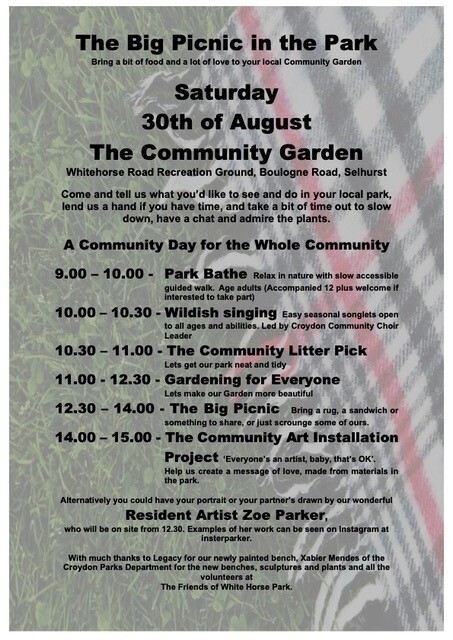 poster listing agenda for the day. 9 am Parkbathe 10 am singing 