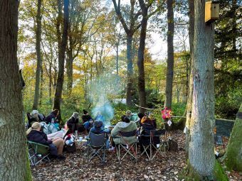 women seated in a woodland