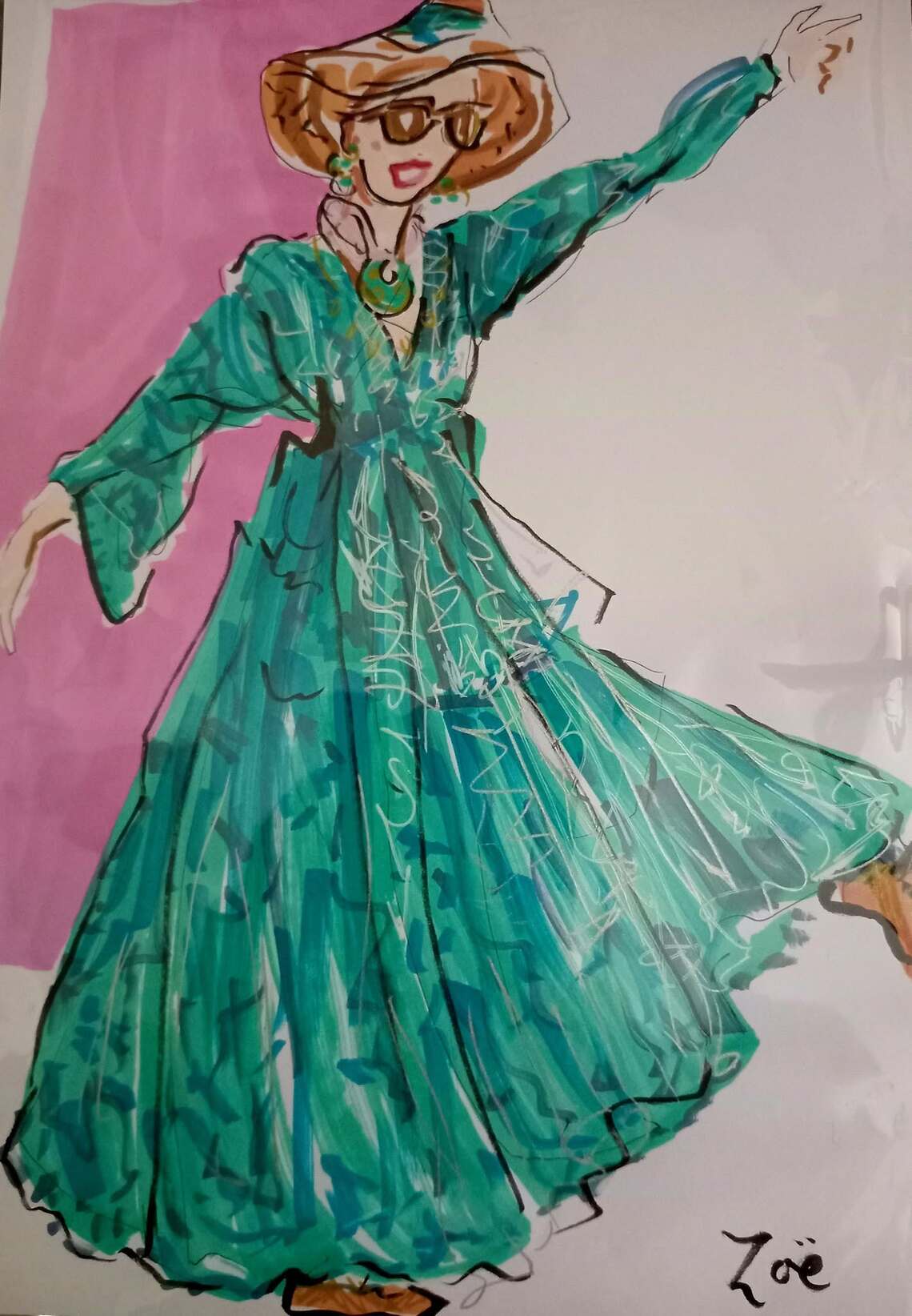 a white woman in a green dress with pink background felt pen drawing