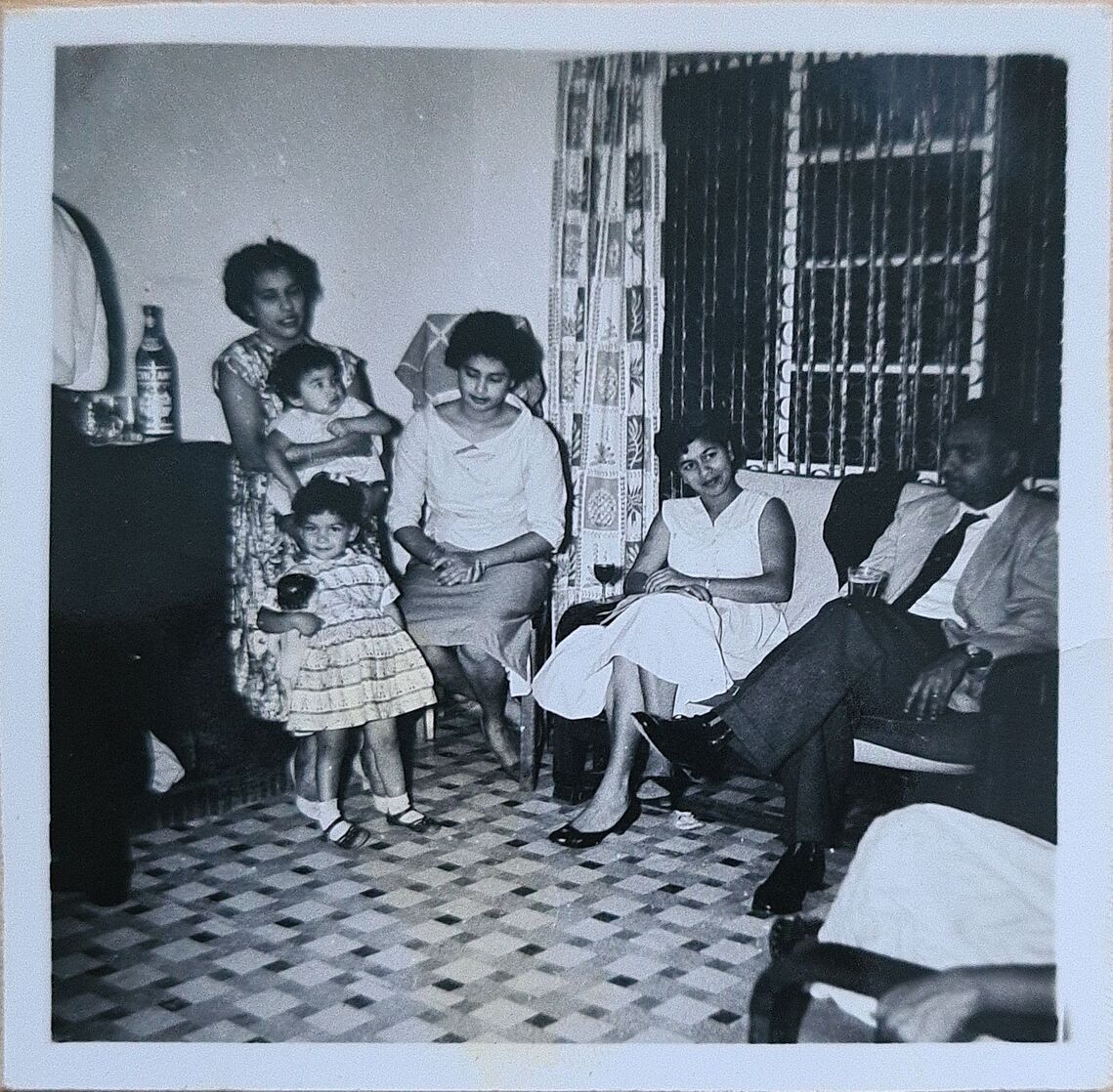 Kampala 1959:  L to R, Grace carrying Lilian, Lorraine leaning against Grace, Aunty Betty, Tessy Fernandes, Uncle Francis far right