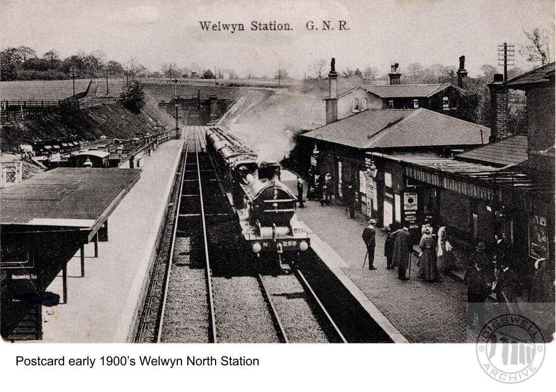 Steam train at Welwyn North station, early 1900s