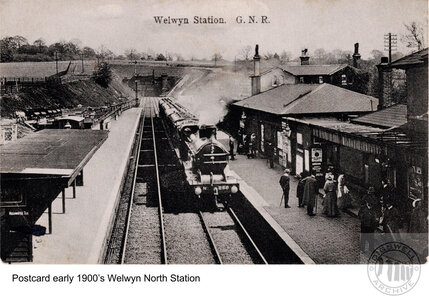 Steam train at Welwyn North station, early 1900s