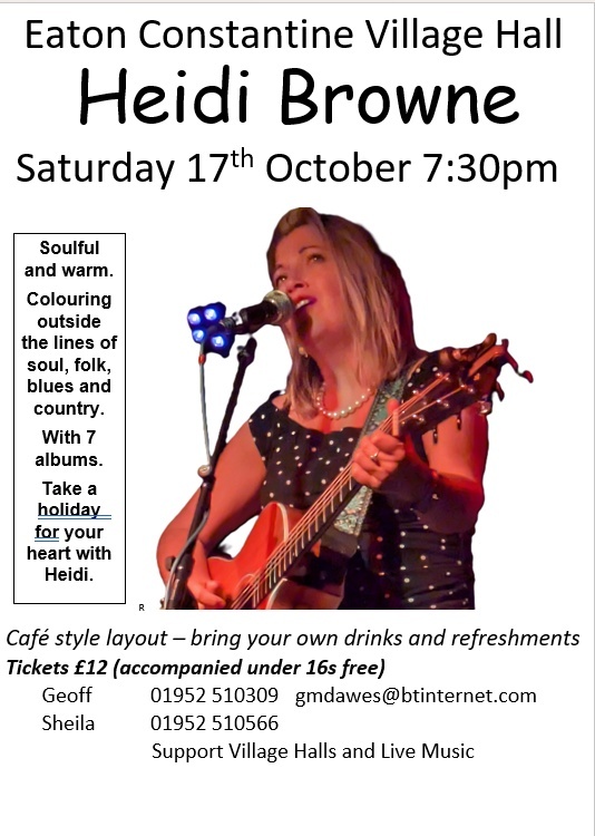 Picture of Heidi Browne with guitar and 17th Oct concert details 