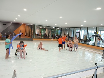The pool floor going down with various members on board.