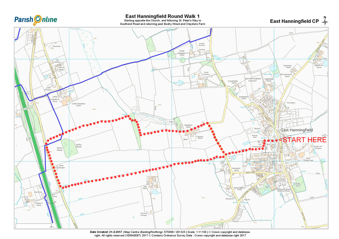 Map of East Hanningfield with Round Walk 1 delineated.
