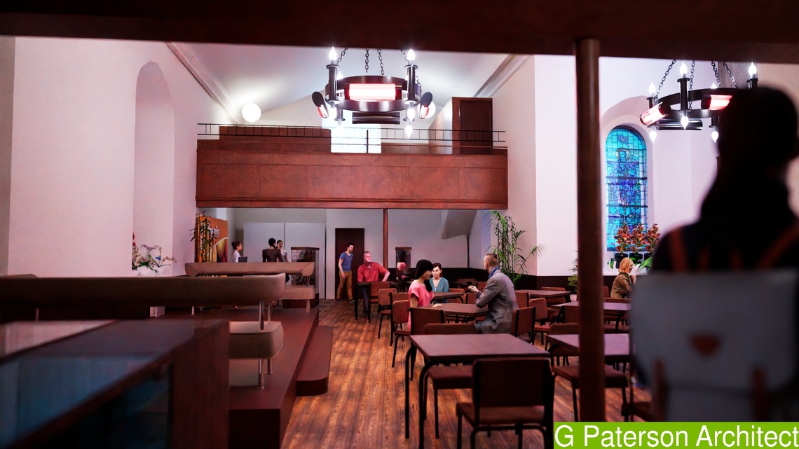 Architect's digital rendering for proposed interior, from below East Gallery - daytime use.