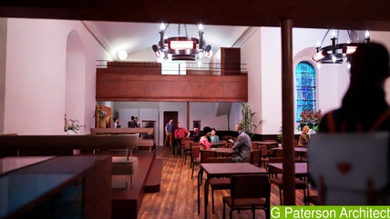 Architect's digital rendering for proposed interior, from below East Gallery - daytime use.