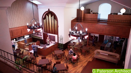 Architect's digital rendering for proposed interior showing view from West Gallery during daytime use.