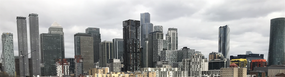 An image of tall buildings making up the sky line at Canary Wharf and the Isle of Dogs