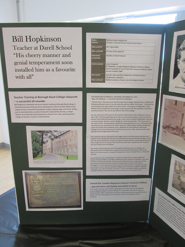 WW1 exhibition - Bill Hopkinson - Darell teacher died in WW1