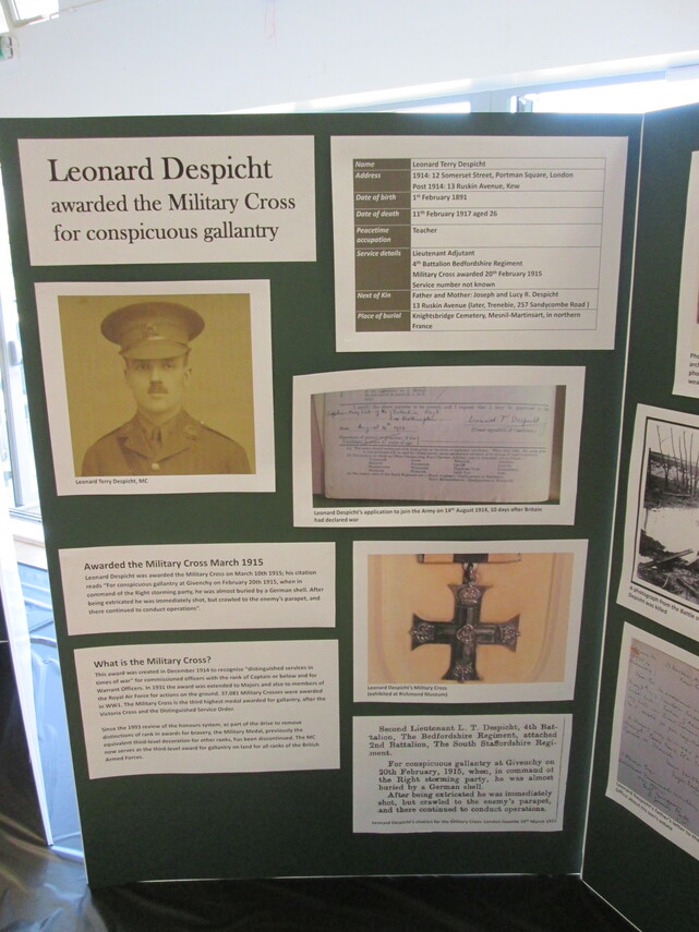 WW1 exhibition - local resident Leonard Despicht MC who died in WW1