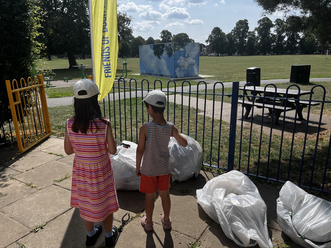 Sunny scene looking at litter bags