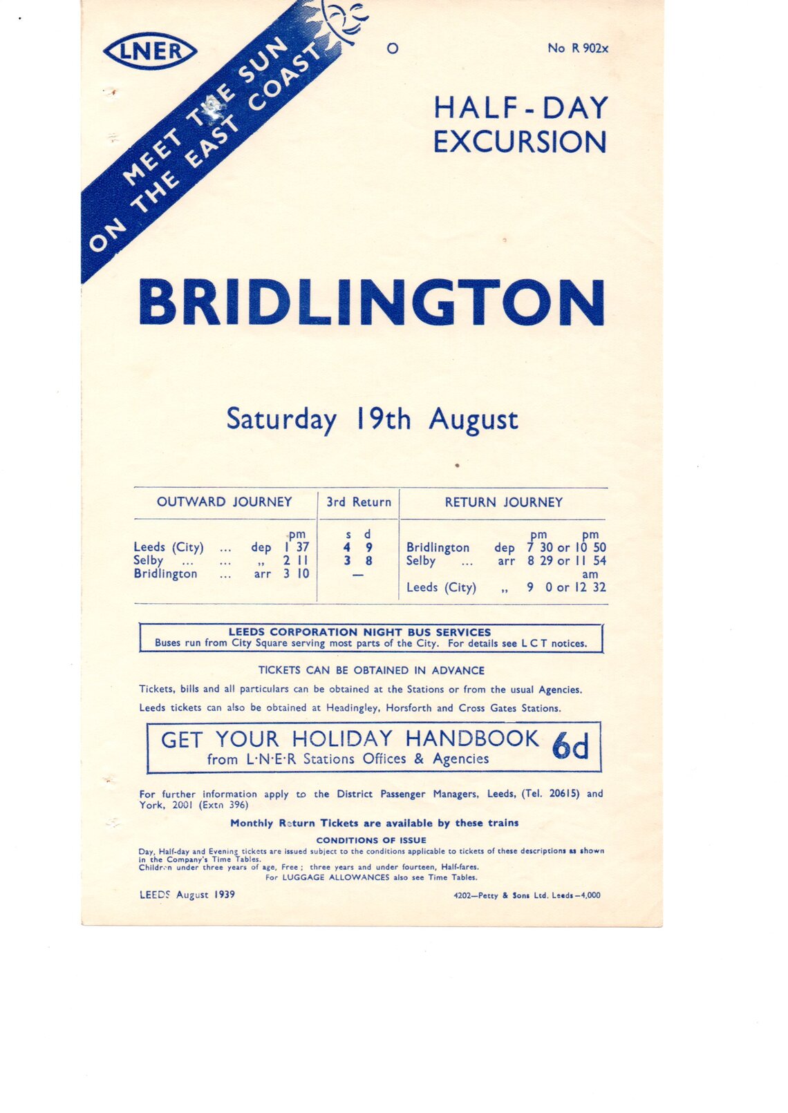 Half Day Excursion to Bridlington Saturday 19th August 1939