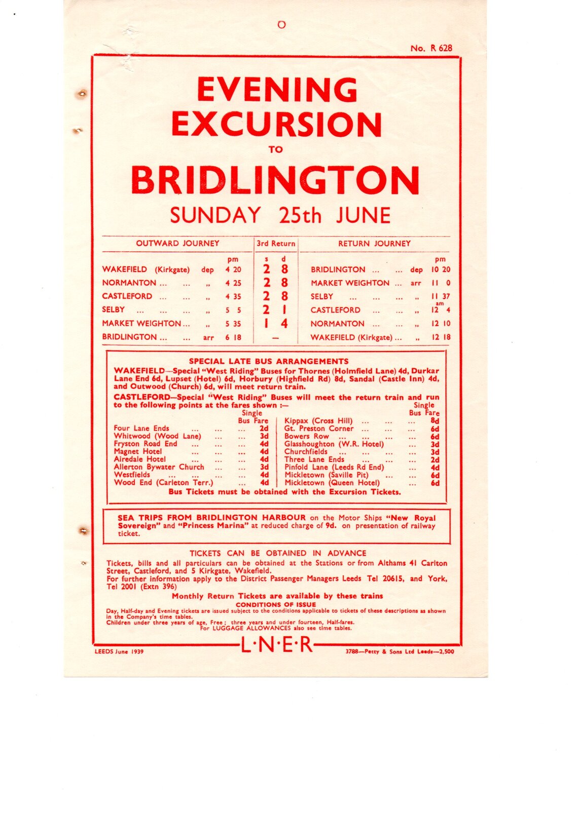 Evening Excursion to Bridlington from Wakefield Kirkgate and Normanton 25th June 1939