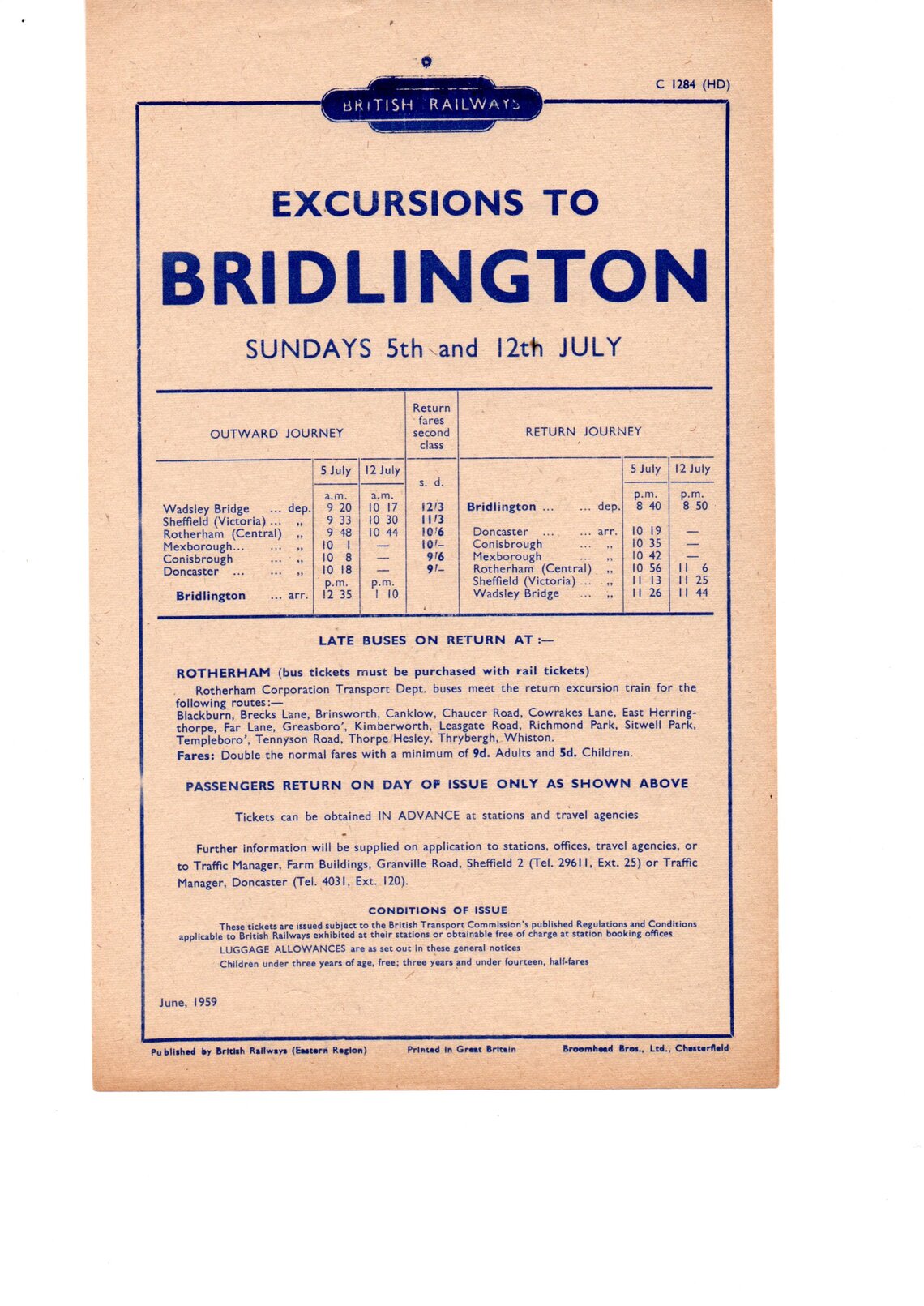 Excursion Trains to Bridlington Sundays in July 1959