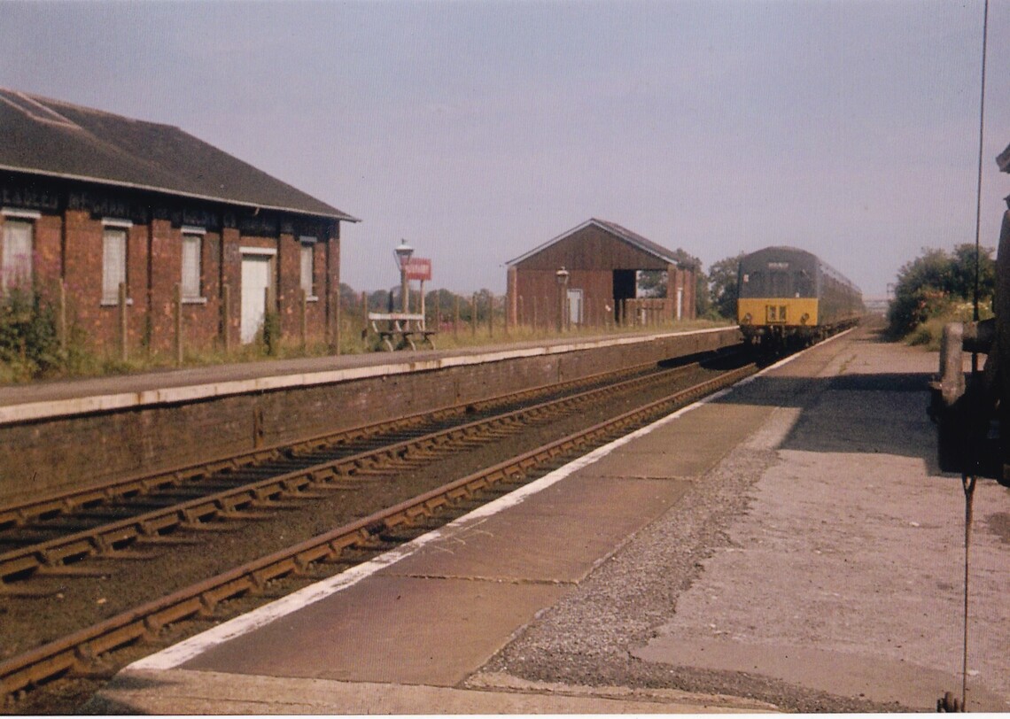 1969.8.7 View through Hunmanby Station from up platform, local DMU goods shed in background