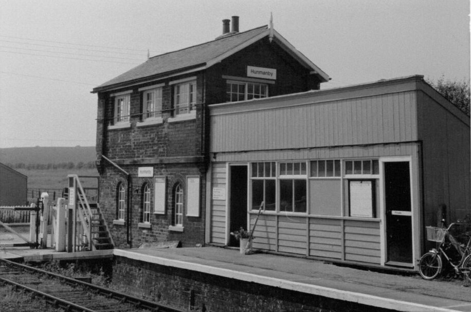 1985 Hunmanby Railway Station from the up platform showing Signal Box and Wooden waiting Shelter