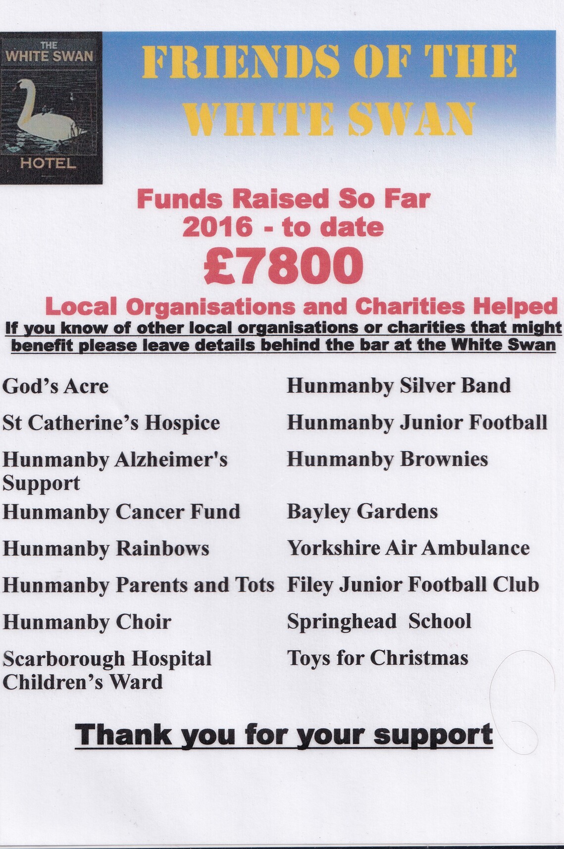 Bridlington Street, Friends of the White Swan, Fundraising