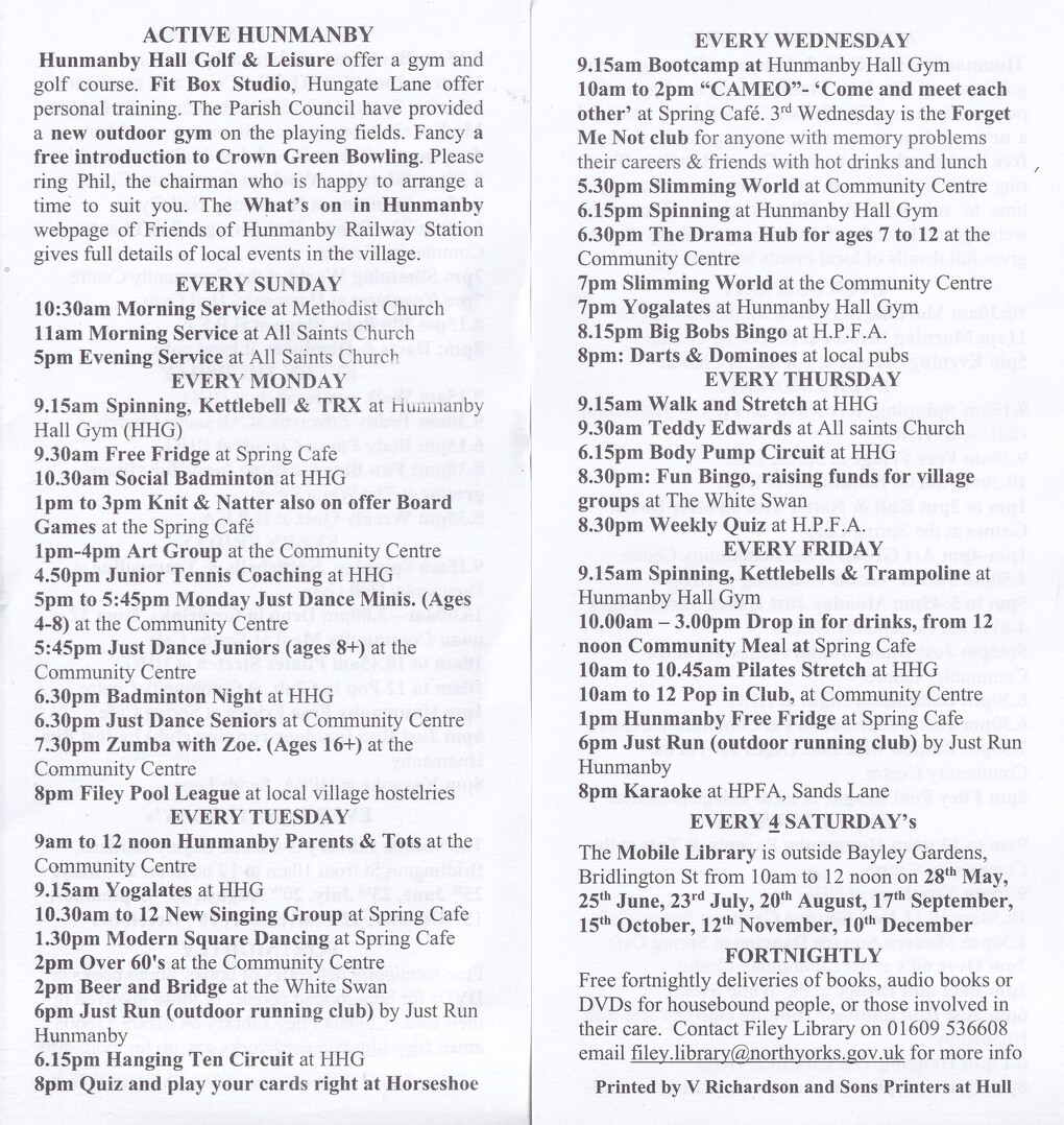 Community Rail Awards, Hunmanby Timetable and Event Guide, 'Active Hunmanby' insert