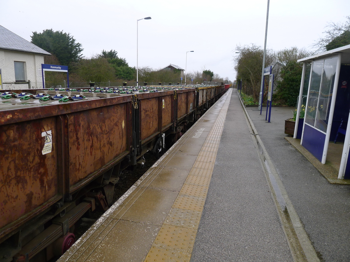 Engineers  Train full of new concrete sleepers at Hunmanby Railway Station