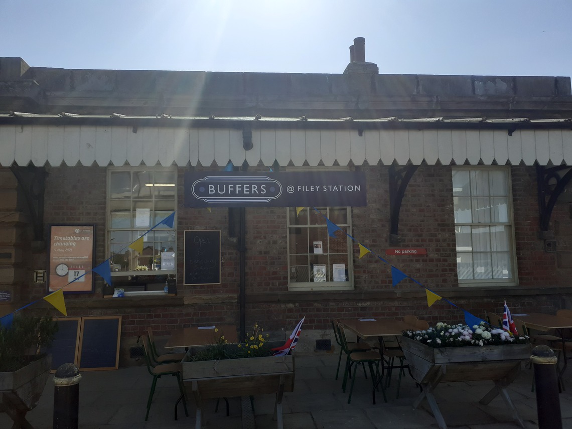 Filey Railway Station outside buffers cafe on platform 1 