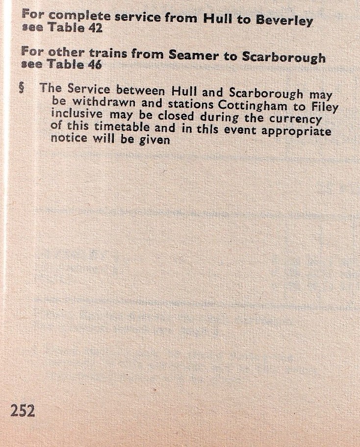 May 1969 warning of possible withdrawal of passenger train service Hull to Scarborough