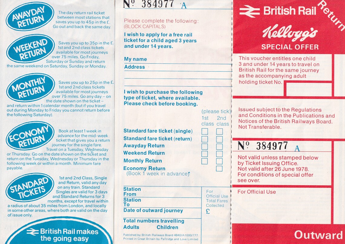 British Rail Return Kellogg's Special Offer Voucher Front