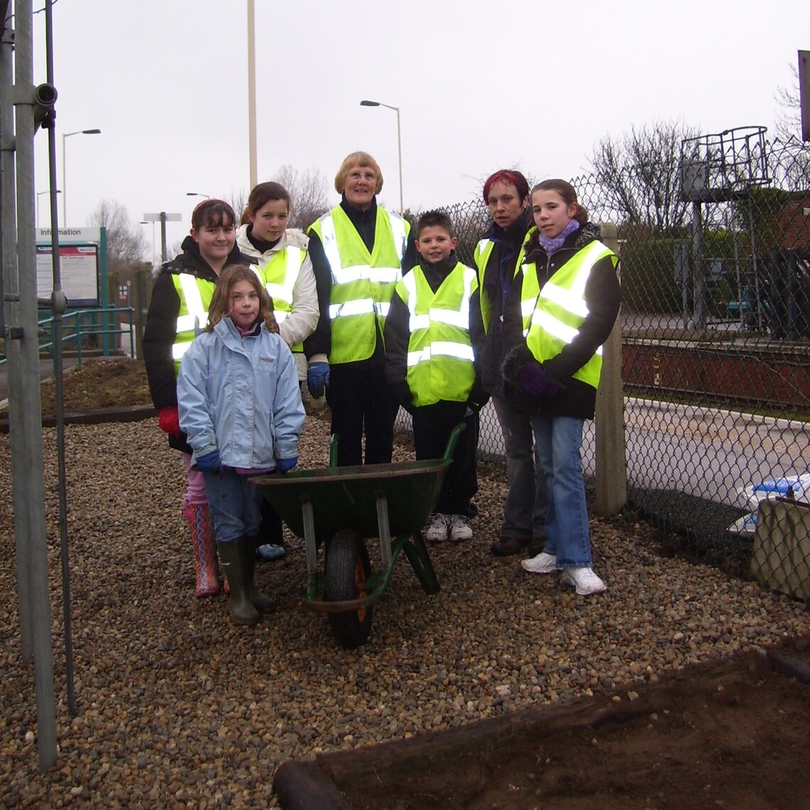 Group photo, of the team, creating the beach bed, Hunmanby Railway Station, March 2008