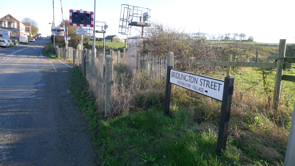 New Bridlington Street sign pointing the way to Hunmanby Village at Hunmanby Railway Station