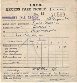 Issued by British railway in 1962 a LNER excess Fare ticket to Hunmanby