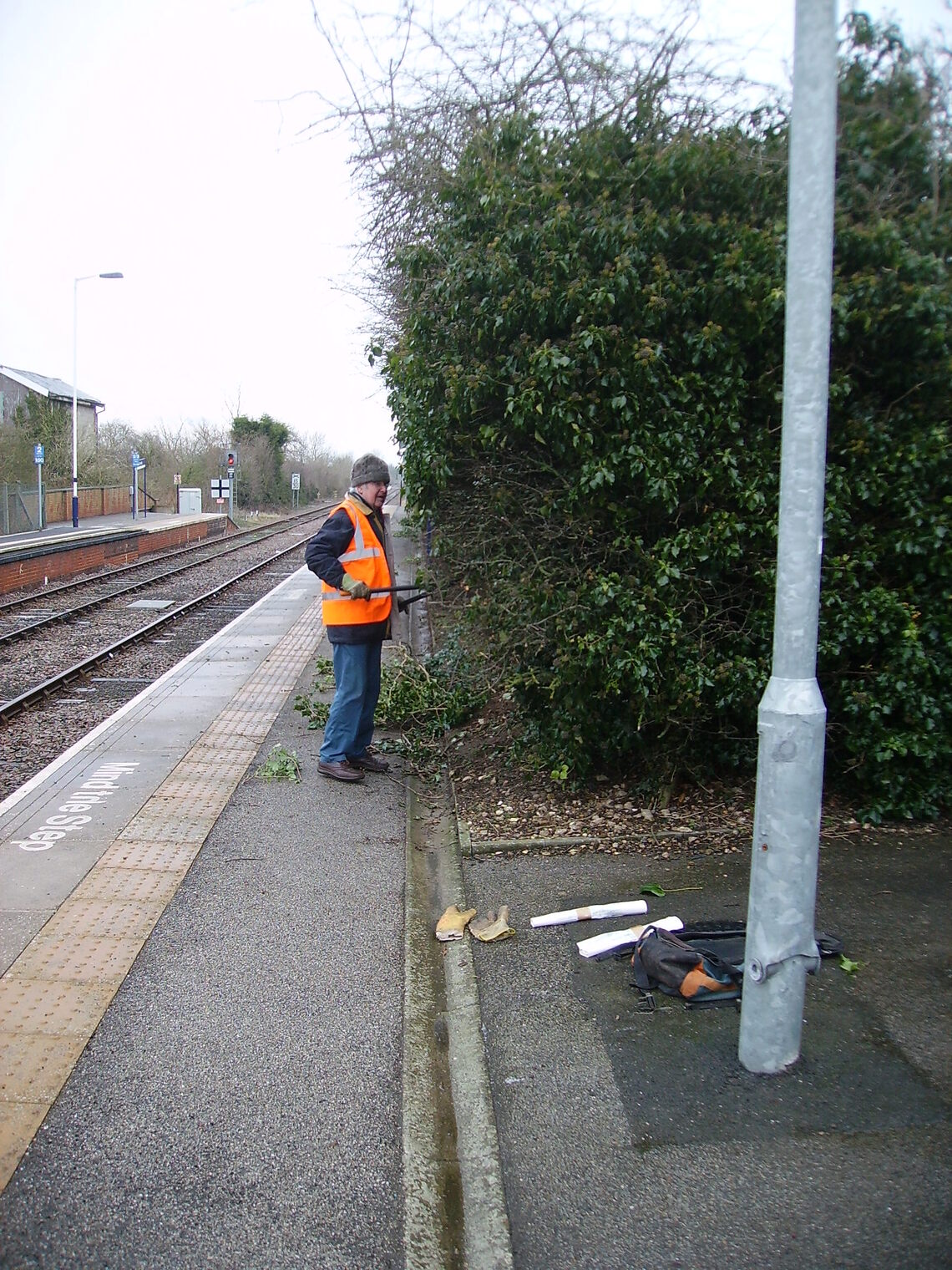 The overgrown hedge on platform 1 at Hunmanby, starting to cut back