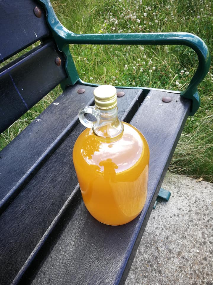 cider bottle on bench